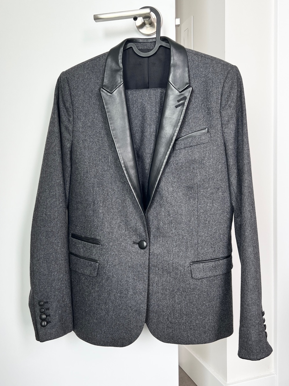 BNWOT Charcoal Gray Blazer+ Pants Set with Black Leather Trim